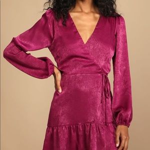 LuLus So Splendid Magenta Purple Satin Long Sleeve Wrap Dress